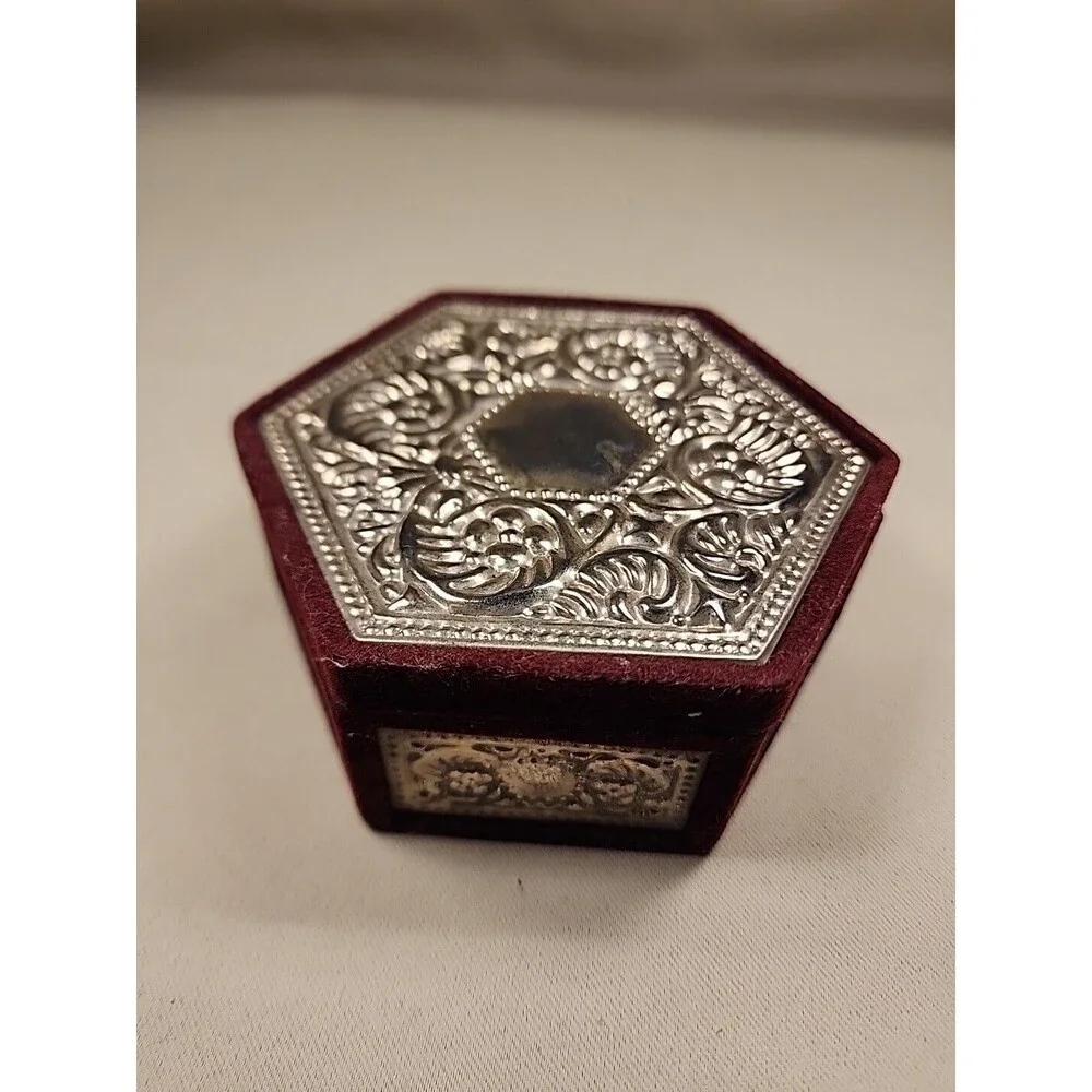 Velvet Jewelry Box Hexagon Dark Red Velvet Silver-Plate Godinger Vintage Ang